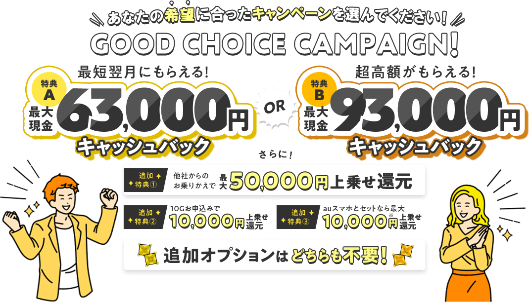 特典A 最短翌月にもらえる 最大63,000円キャッシュバック 特典B 超高額がもらえる！ 最大93,000円キャッシュバック